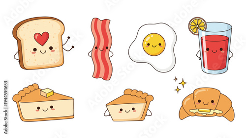Collection of cute breakfast food characters with happy faces featuring toast, bacon, egg, juice, pie, and a buttered croissant.