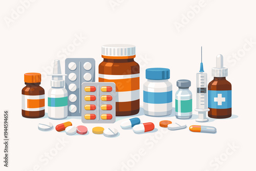 Comprehensive Medical Drug Set Vector Illustration with Pill Bottles, Blister Packs, Syringe, Nasal Spray, and Loose Capsules for Healthcare, Pharmacy, Medicine, and Clinical Treatment Concepts.