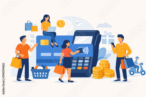 Flat vector illustration of diverse people making digital payments with credit cards and smartphones at a POS terminal, featuring shopping bags, coins, and online commerce concepts for retail.