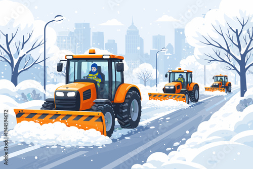 Orange snow plow tractors clearing a city street after a heavy winter snowstorm, vector illustration of municipal service vehicles removing snow from urban roads with skyscrapers in background.