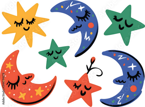A group of stylized celestial bodies featuring sleeping crescent moons and smiling stars are clustered together for decoration.