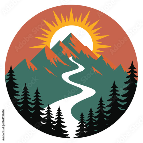 Sunrise illuminating a winding mountain path surrounded by forest