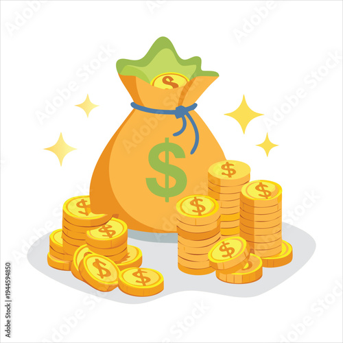 Money Bag With Stacks of Coins and Dollar Signs Illustration Financial Success