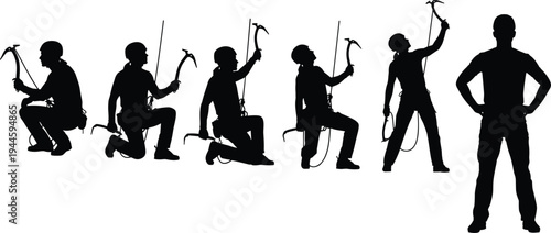 Climber silhouettes with ice axe and rope isolated on white background