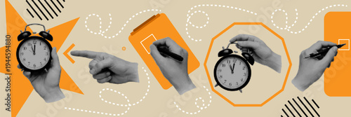 Halftone pop art dot hand holding alarm clock pointing finger writing pen clipboard checklist time planning concept vector illustration