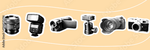 Halftone pop art dot camera flash studio light photography equipment collection vector illustration