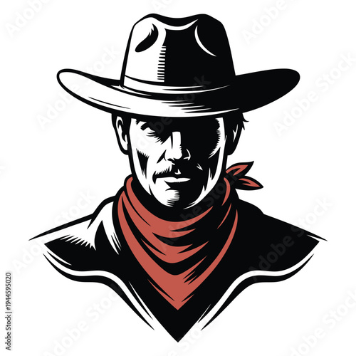 Classic cowboy silhouette with bandana and wide-brimmed hat in bold black and white