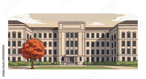 A grand, symmetrical university building with classical architecture stands proudly on a vibrant green lawn, framed by an autumnal tree under a clear sky.