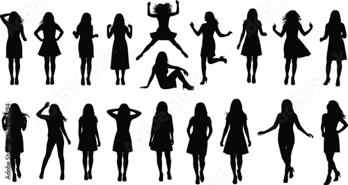 Diverse woman silhouettes in various poses, jumping, standing and sitting female characters, black vector illustration for fashion design, active lifestyle, social gathering, isolated group