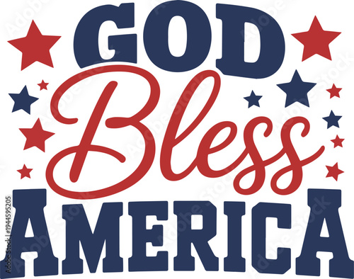 A patriotic God Bless America message with red and blue stars against a clean white background