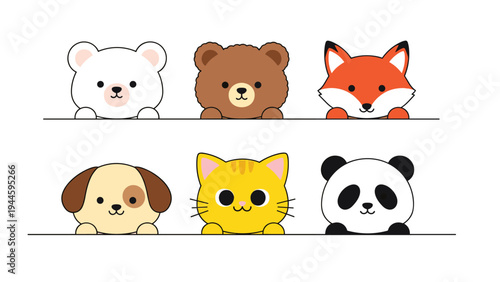 Set of six cute cartoon animal heads including a polar bear, brown bear, fox, dog, kitten, and panda peeking over a border.