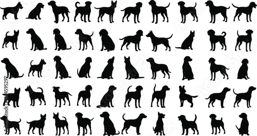 Dog silhouettes collection featuring diverse breeds, standing and sitting postures, black vector icons for design, education, identification, decoration, and creative projects