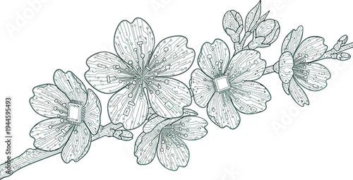 beautiful cherry blossom branch with detailed circuit board style illustrations