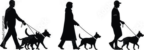 Dog walkers silhouettes, people walking dogs on leash, man and woman with pets, outdoor activity, vector illustration, animal care