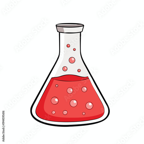 Red liquid in Erlenmeyer flask with bubbles isolated on white background science illustration