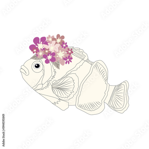 Underwater inhabitants in boho style. Vector illustration animals with flowers. Whale, dolphin, jellyfish, seahorse, turtle, shark, octopus, crab, snail, stingray, fish