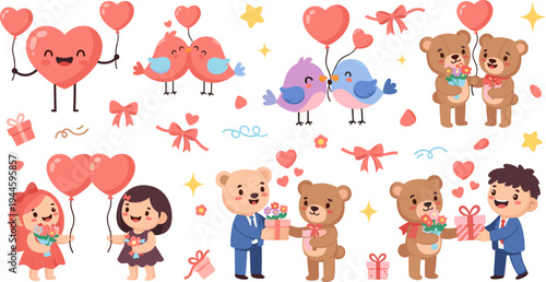 Valentine's Day Love and Romance Vector Illustration Set with Heart Balloons, Gift Boxes, Couples, Cute Bears, Birds, and Romantic Gifts for Sweetheart