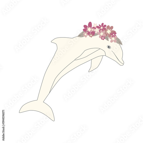 Underwater inhabitants in boho style. Vector illustration animals with flowers. Whale, dolphin, jellyfish, seahorse, turtle, shark, octopus, crab, snail, stingray, fish
