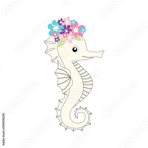 Underwater inhabitants in boho style. Vector illustration animals with flowers. Whale, dolphin, jellyfish, seahorse, turtle, shark, octopus, crab, snail, stingray, fish
