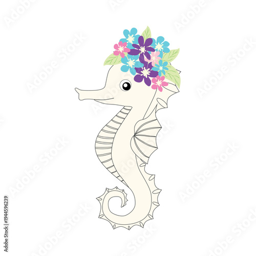 Underwater inhabitants in boho style. Vector illustration animals with flowers. Whale, dolphin, jellyfish, seahorse, turtle, shark, octopus, crab, snail, stingray, fish