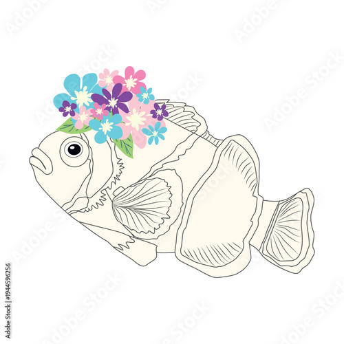 Underwater inhabitants in boho style. Vector illustration animals with flowers. Whale, dolphin, jellyfish, seahorse, turtle, shark, octopus, crab, snail, stingray, fish