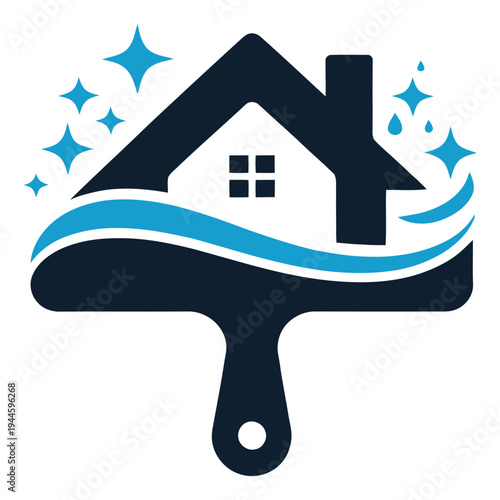 Mop with a house symbol on it floating over water waves and sparkles