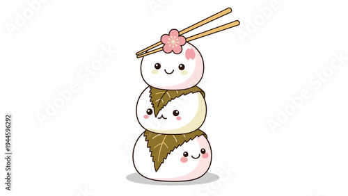 Stack of three cute white dango or mochi characters decorated with leaves and a cherry blossom flower and chopsticks.