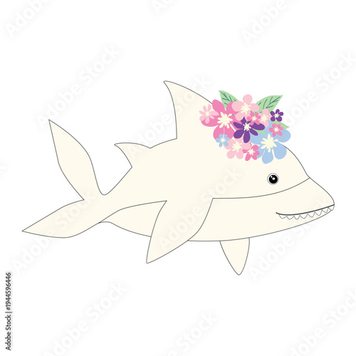 Underwater inhabitants in boho style. Vector illustration animals with flowers. Whale, dolphin, jellyfish, seahorse, turtle, shark, octopus, crab, snail, stingray, fish