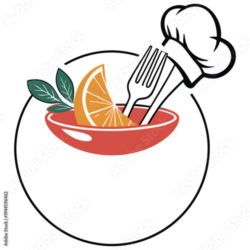 Chef holding fork with citrus slice in a bowl of soup with garnish leaf