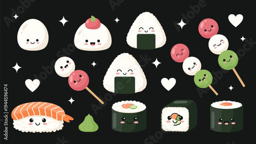 Diverse collection of cute cartoon Japanese food items like onigiri, sushi, and dango skewers on a dark background with stars.