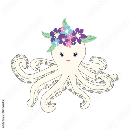 Underwater inhabitants in boho style. Vector illustration animals with flowers. Whale, dolphin, jellyfish, seahorse, turtle, shark, octopus, crab, snail, stingray, fish