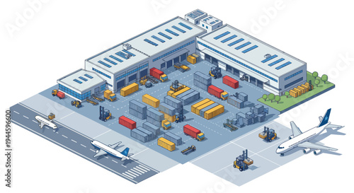 Isometric Logistics Hub: Airport Cargo, Warehousing, Trucks, Containers, Forklifts, Airplanes