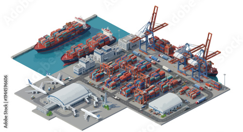Isometric Logistics Hub: Ships, Cargo Containers, Cranes, Trucks, and Airplanes