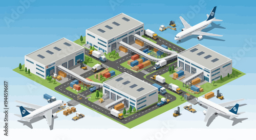 Isometric Logistics Hub with Airplanes, Trucks, and Warehouses