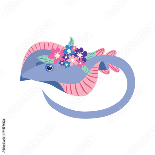 Underwater inhabitants in boho style. Vector illustration animals with flowers. Whale, dolphin, jellyfish, seahorse, turtle, shark, octopus, crab, snail, stingray, fish