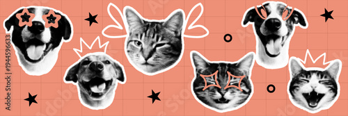 Halftone pop art dot dog cat pet animal face expression collection vector illustration