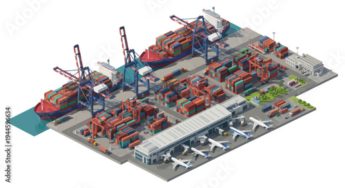 Isometric Cargo Port and Airport with Ships and Airplanes, Logistics Hub