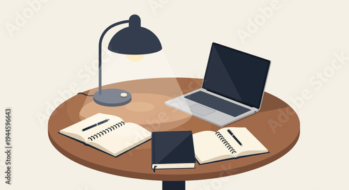 Cozy Study Desk with Laptop, Lamp, and Open Notebooks