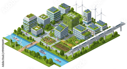Eco-friendly city skyline with green buildings, solar panels, wind turbines, and monorail
