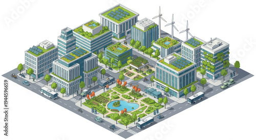 Eco-friendly city isometric view with green buildings, solar panels, wind turbines, and park