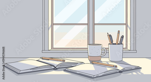 Cozy Study Desk with Open Books and Coffee by Window Light
