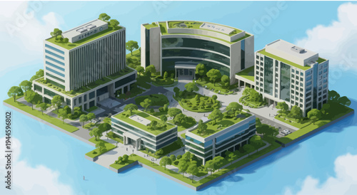 Modern Eco-Friendly Office Buildings with Green Roofs and Lush Landscaping