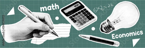 Halftone pop art dot hand writing pen paper calculator lightbulb mathematics education concept vector illustration