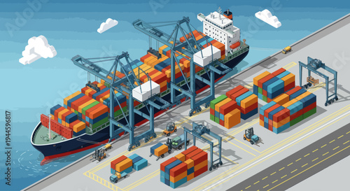 Container Ship Loading and Unloading at Port with Cranes and Cargo