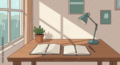 Cozy Study Desk with Sunlight, Notebooks, and Desk Lamp