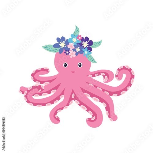 Underwater inhabitants in boho style. Vector illustration animals with flowers. Whale, dolphin, jellyfish, seahorse, turtle, shark, octopus, crab, snail, stingray, fish
