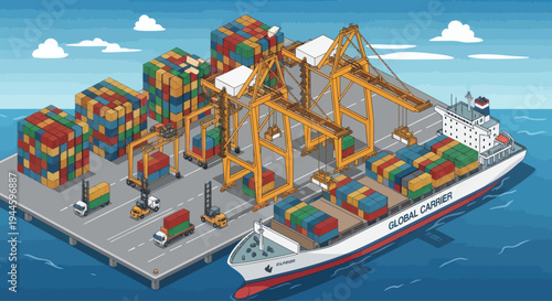Isometric shipping port with cranes loading cargo ship with containers, trucks, and forklifts.