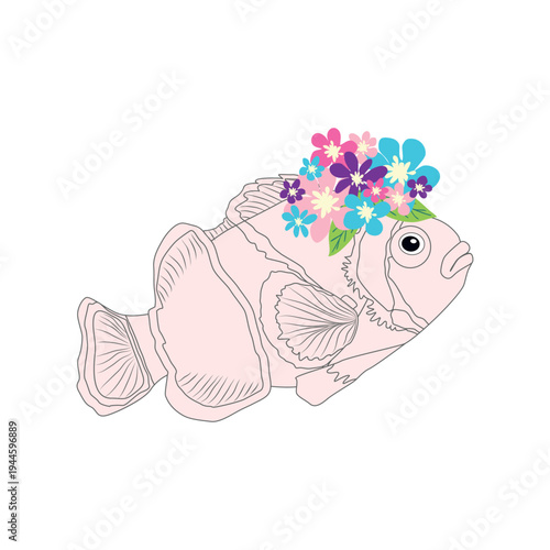 Underwater inhabitants in boho style. Vector illustration animals with flowers. Whale, dolphin, jellyfish, seahorse, turtle, shark, octopus, crab, snail, stingray, fish
