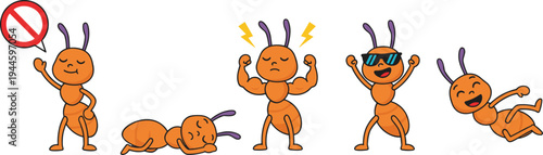 Cartoon ants illustration set, expressive insect characters showing emotions and actions, playful educational design, creative animal clipart collection