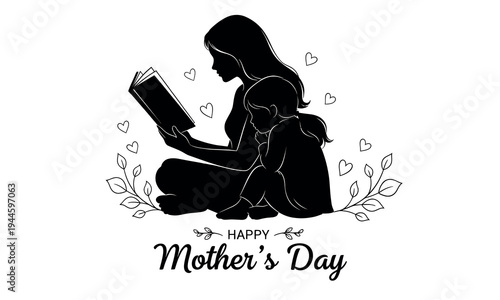 Happy mother's day wishes greeting card with silhouette of mother reading a book
